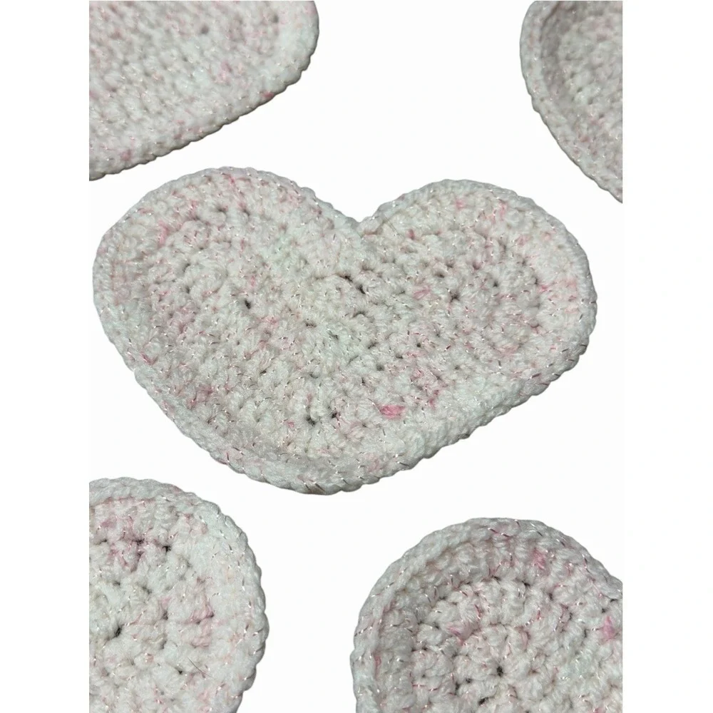 Handmade Crochet Coasters HEARTS light pink & white set of 5
